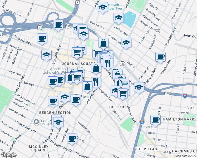 map of restaurants, bars, coffee shops, grocery stores, and more near in Jersey City