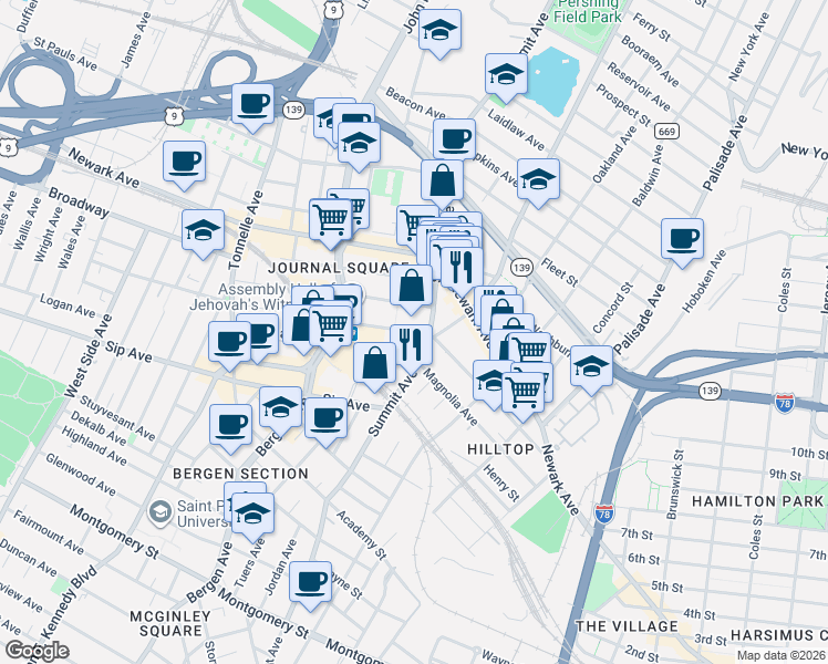 map of restaurants, bars, coffee shops, grocery stores, and more near in Jersey City