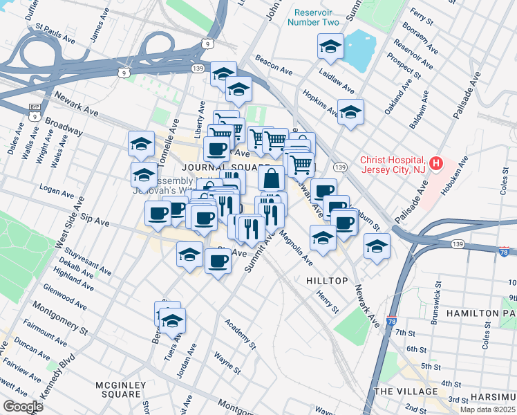 map of restaurants, bars, coffee shops, grocery stores, and more near 615 Pavonia Avenue in Jersey City