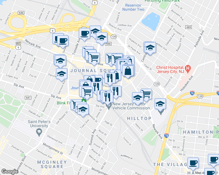 map of restaurants, bars, coffee shops, grocery stores, and more near 615 Pavonia Avenue in Jersey City