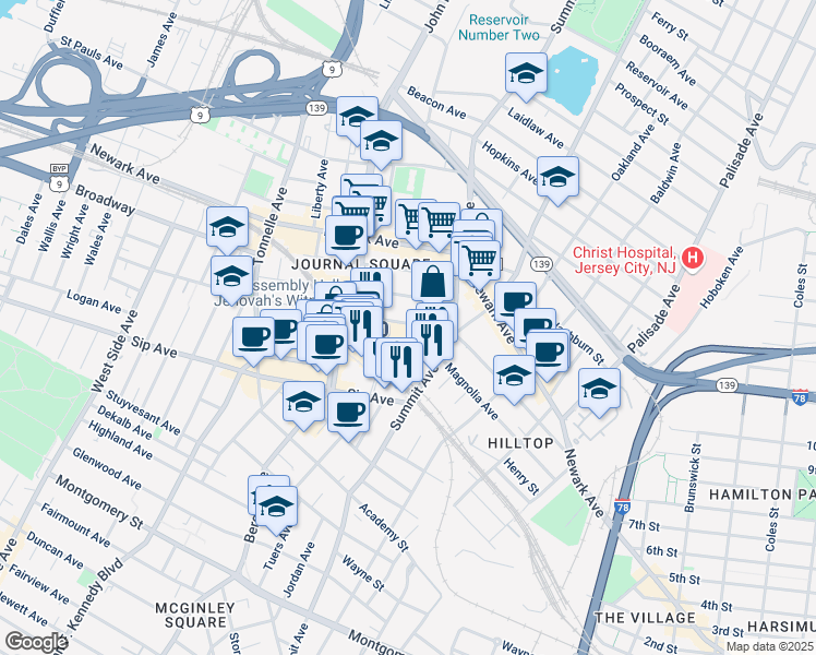map of restaurants, bars, coffee shops, grocery stores, and more near 615 Pavonia Avenue in Jersey City