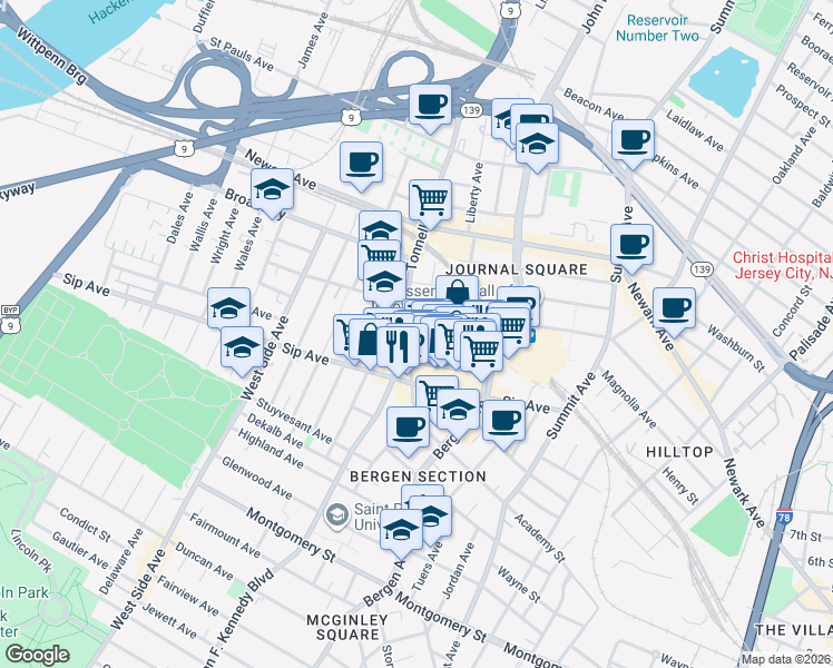 map of restaurants, bars, coffee shops, grocery stores, and more near 52 Tonnele Avenue in Jersey City