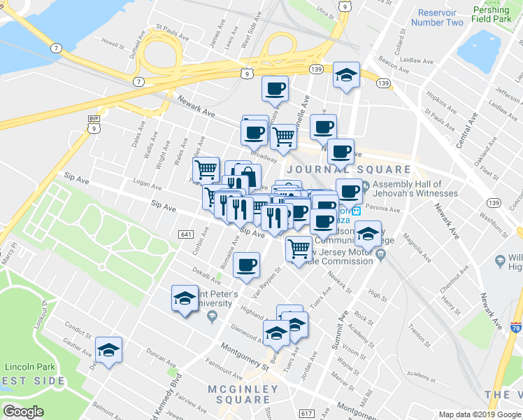 map of restaurants, bars, coffee shops, grocery stores, and more near 111 Garrison Avenue in Jersey City