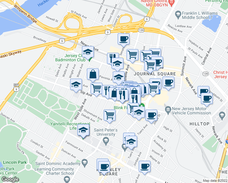 map of restaurants, bars, coffee shops, grocery stores, and more near 111 Garrison Avenue in Jersey City