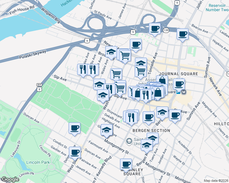 map of restaurants, bars, coffee shops, grocery stores, and more near in Jersey City