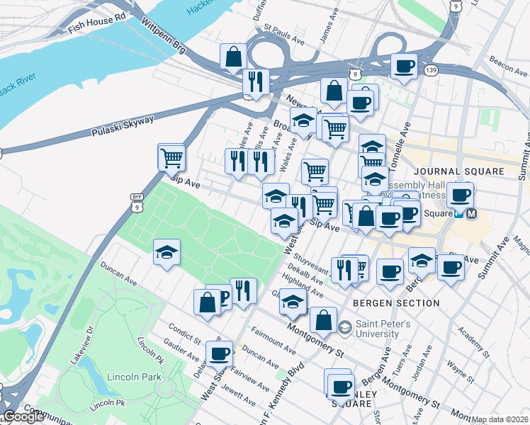 map of restaurants, bars, coffee shops, grocery stores, and more near 305 Sip Avenue in Jersey City