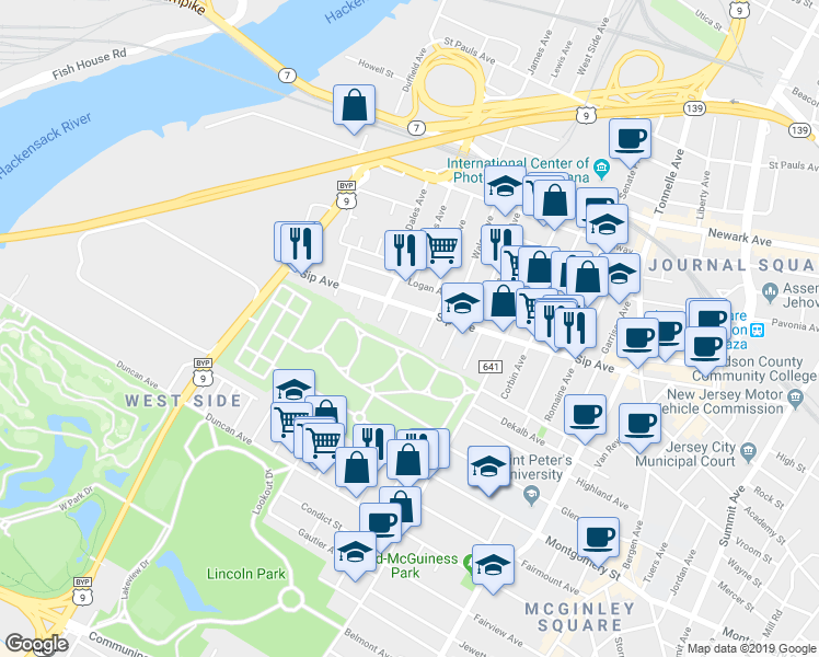 map of restaurants, bars, coffee shops, grocery stores, and more near 11 Bryant Avenue in Jersey City