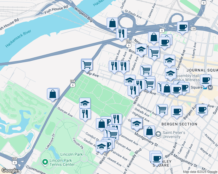 map of restaurants, bars, coffee shops, grocery stores, and more near 2 Emerson Avenue in Jersey City