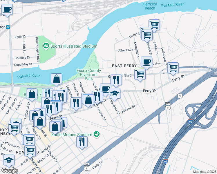 map of restaurants, bars, coffee shops, grocery stores, and more near 144 Fleming Avenue in Newark