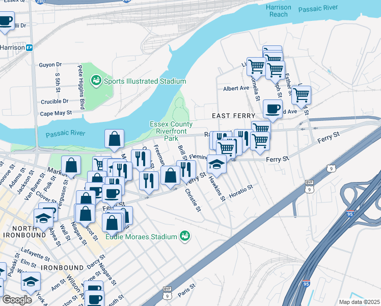 map of restaurants, bars, coffee shops, grocery stores, and more near 121 Fleming Avenue in Newark