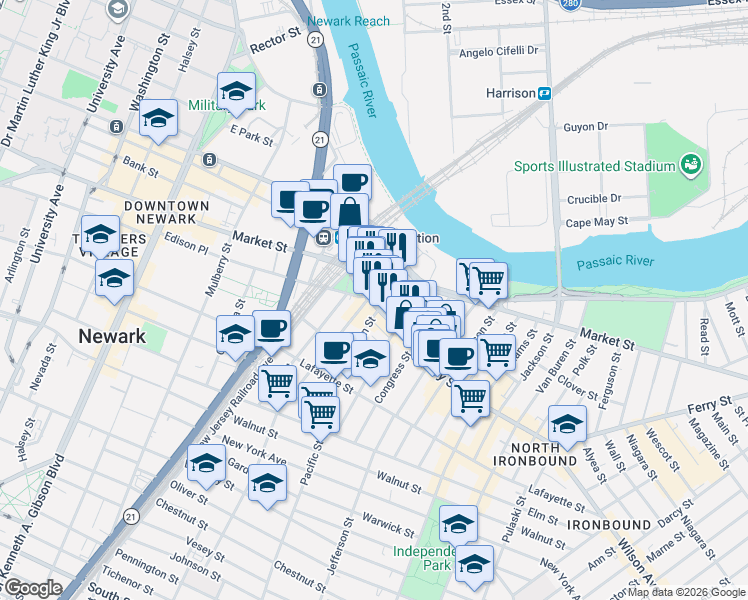 map of restaurants, bars, coffee shops, grocery stores, and more near in Newark