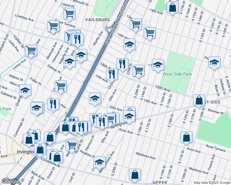 map of restaurants, bars, coffee shops, grocery stores, and more near 257 Ellis Avenue in Irvington