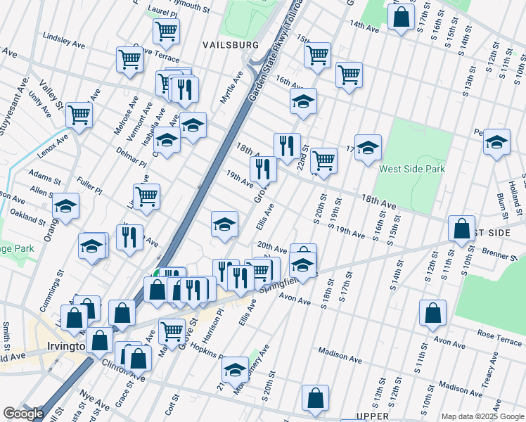 map of restaurants, bars, coffee shops, grocery stores, and more near 257 Ellis Avenue in Irvington