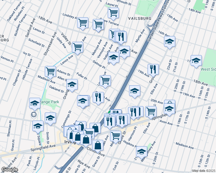 map of restaurants, bars, coffee shops, grocery stores, and more near 206 Myrtle Avenue in Irvington