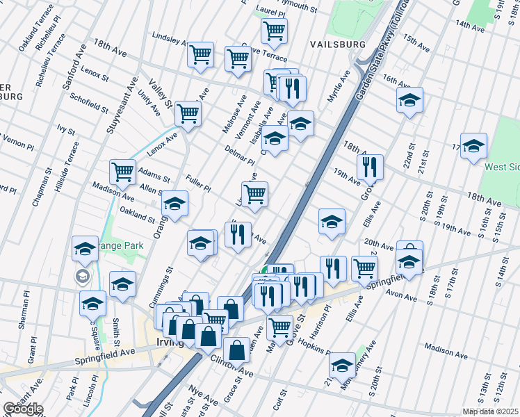 map of restaurants, bars, coffee shops, grocery stores, and more near 206 Myrtle Avenue in Irvington
