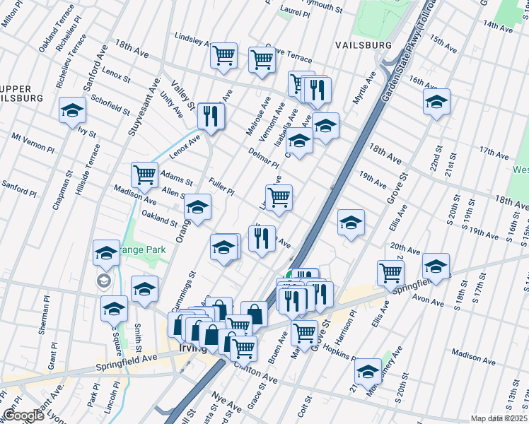 map of restaurants, bars, coffee shops, grocery stores, and more near 15 Fuller Place in Irvington