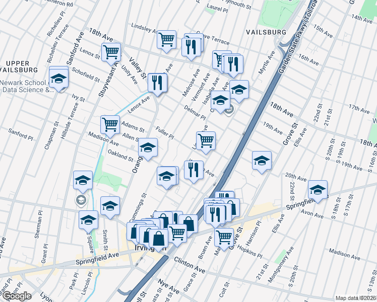 map of restaurants, bars, coffee shops, grocery stores, and more near 372 Isabella Avenue in Irvington