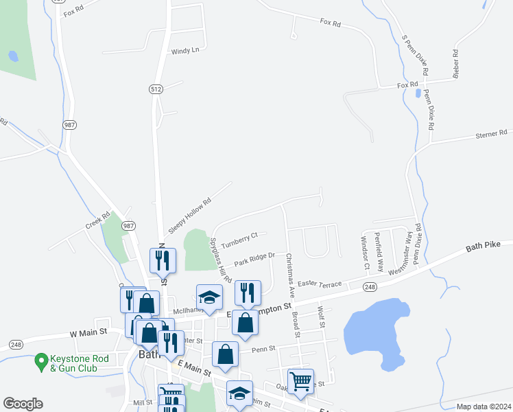 map of restaurants, bars, coffee shops, grocery stores, and more near Spy Glass Hill Road in Bath