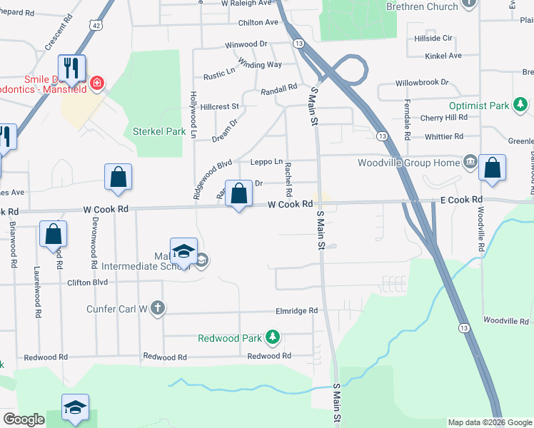 map of restaurants, bars, coffee shops, grocery stores, and more near 87 E Cook Rd in Mansfield