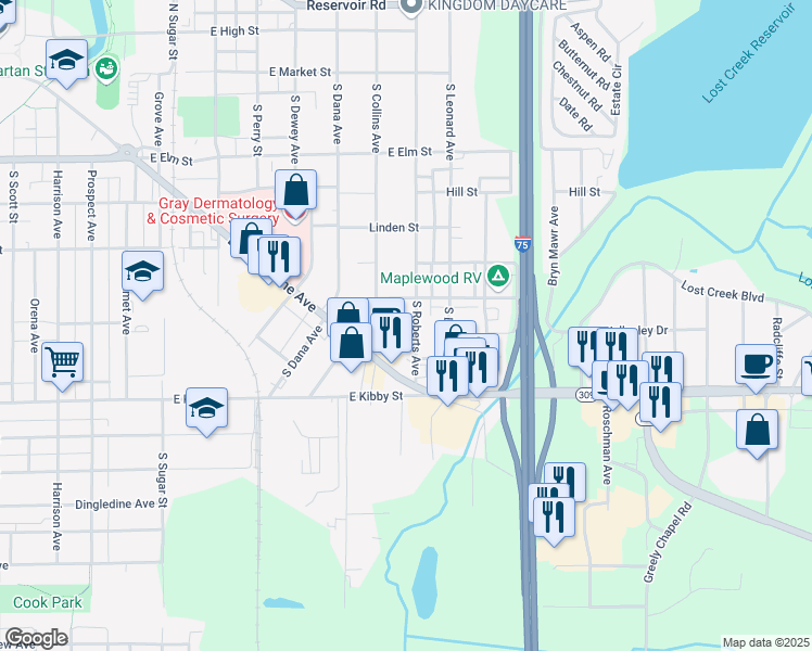 map of restaurants, bars, coffee shops, grocery stores, and more near 541 South Collins Avenue in Lima