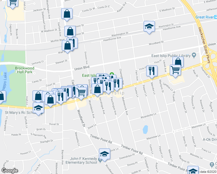 map of restaurants, bars, coffee shops, grocery stores, and more near 11 Greenwood Avenue in East Islip