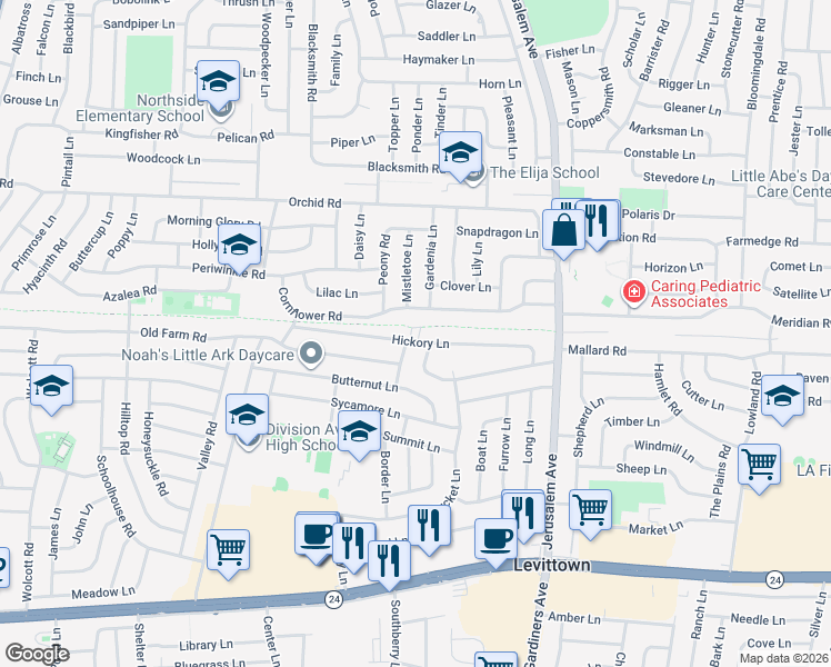 map of restaurants, bars, coffee shops, grocery stores, and more near 67 Hickory Lane in Levittown