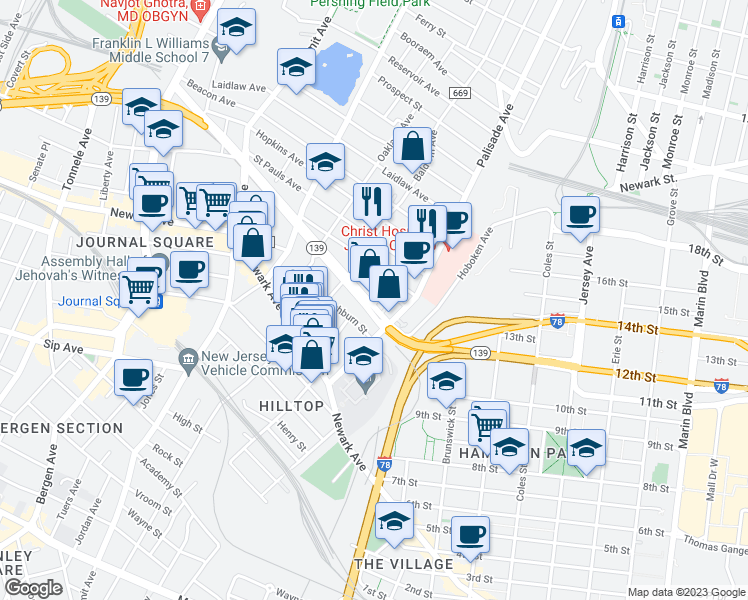 map of restaurants, bars, coffee shops, grocery stores, and more near 316 Hoboken Avenue in Jersey City