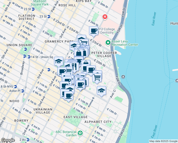 map of restaurants, bars, coffee shops, grocery stores, and more near 15 Stuyvesant Oval in New York