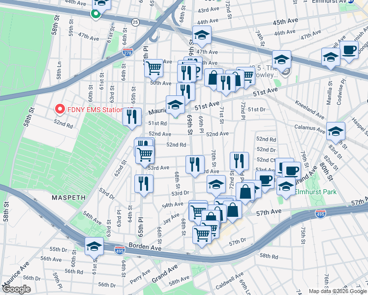 map of restaurants, bars, coffee shops, grocery stores, and more near 52-38 69th Street in Queens