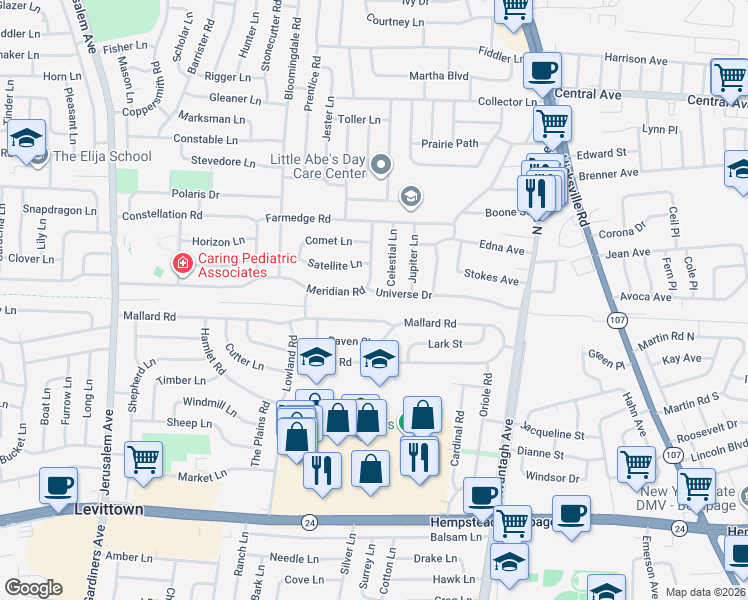 map of restaurants, bars, coffee shops, grocery stores, and more near 4 Universe Drive in Levittown