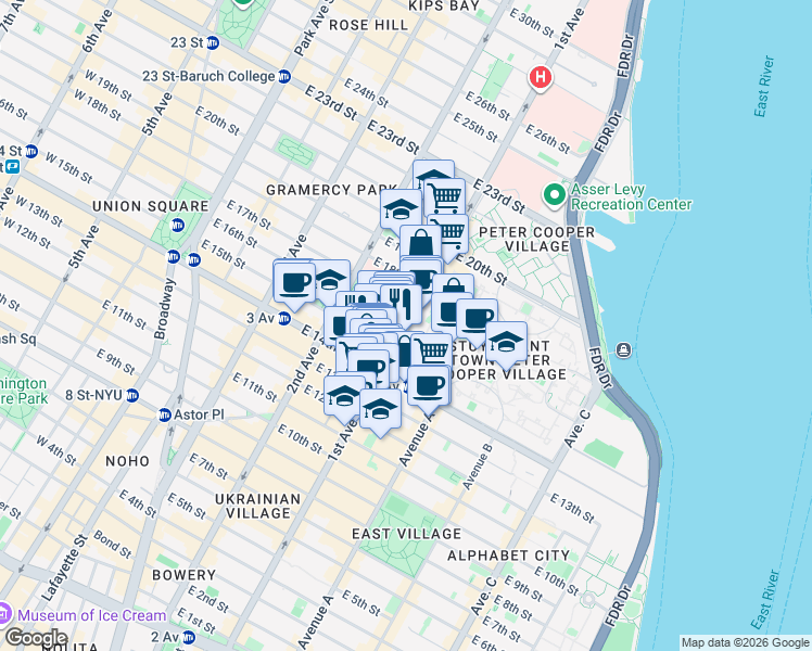 map of restaurants, bars, coffee shops, grocery stores, and more near 286 1st Avenue in New York