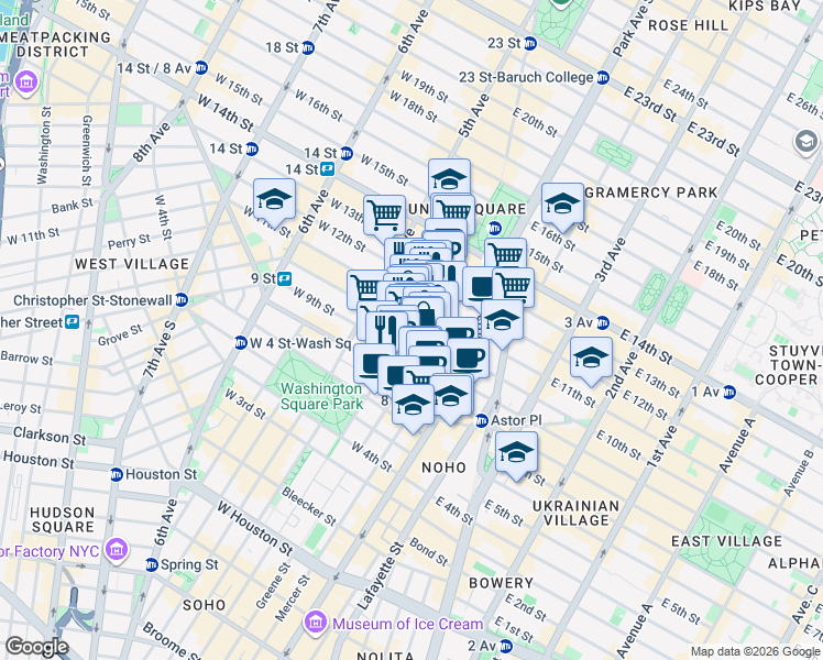 map of restaurants, bars, coffee shops, grocery stores, and more near E 10th St & University Pl in New York