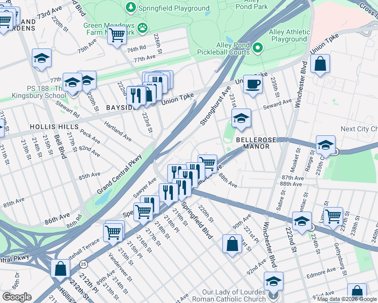 map of restaurants, bars, coffee shops, grocery stores, and more near 221-79 Manor Road in Queens