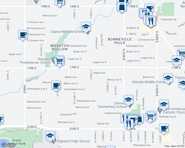 map of restaurants, bars, coffee shops, grocery stores, and more near 1904 Blaine Avenue in Salt Lake City
