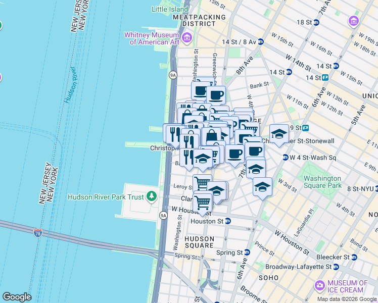 map of restaurants, bars, coffee shops, grocery stores, and more near 160 Christopher Street in New York