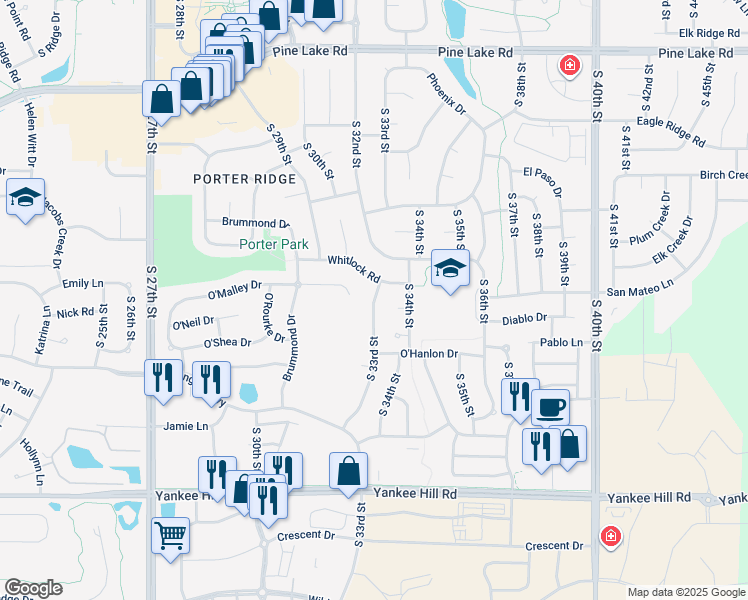 map of restaurants, bars, coffee shops, grocery stores, and more near 7620 South 33rd Street in Lincoln