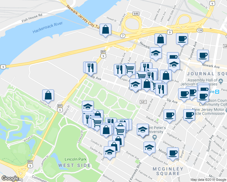 map of restaurants, bars, coffee shops, grocery stores, and more near 2 Emerson Avenue in Jersey City