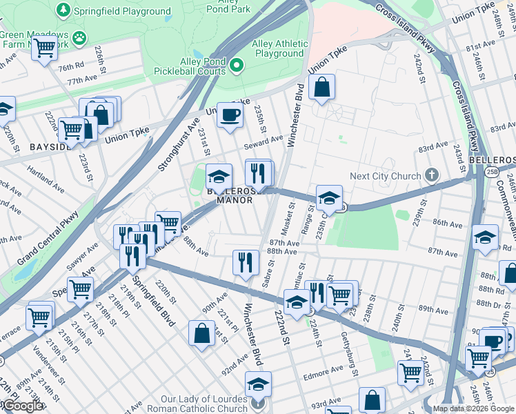 map of restaurants, bars, coffee shops, grocery stores, and more near 86-21 233rd Street in Queens
