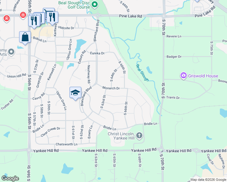 map of restaurants, bars, coffee shops, grocery stores, and more near 6310 Cavvy Road in Lincoln