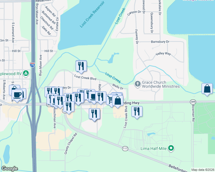 map of restaurants, bars, coffee shops, grocery stores, and more near 2706 Lost Creek Boulevard in Lima