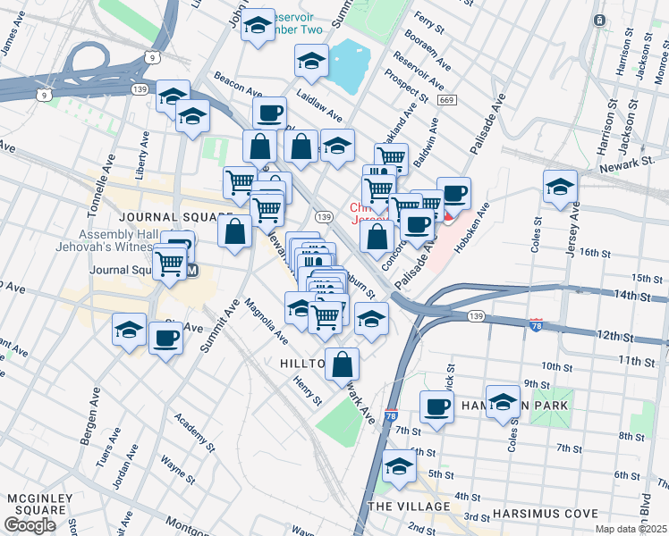 map of restaurants, bars, coffee shops, grocery stores, and more near 335 Baldwin Avenue in Jersey City