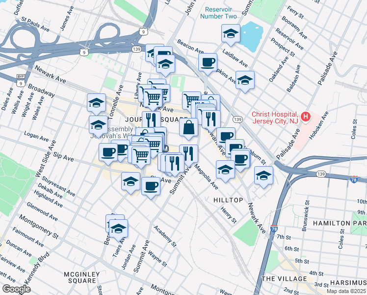 map of restaurants, bars, coffee shops, grocery stores, and more near 615 Pavonia Avenue in Jersey City