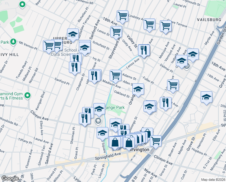 map of restaurants, bars, coffee shops, grocery stores, and more near 51 Oakland Street in Irvington