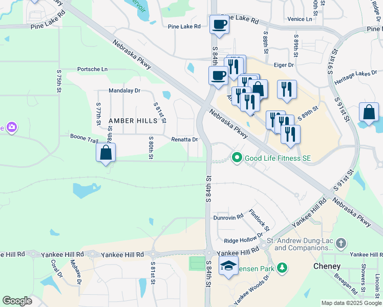 map of restaurants, bars, coffee shops, grocery stores, and more near 7940 South 83rd Street in Lincoln