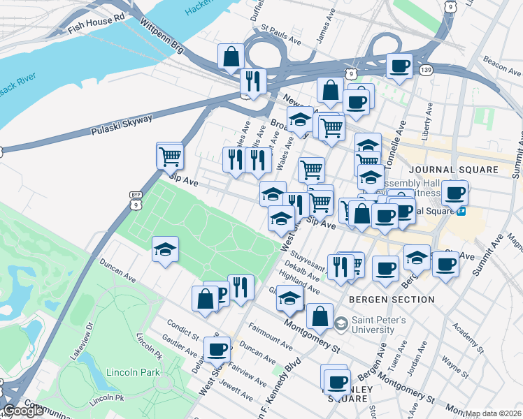 map of restaurants, bars, coffee shops, grocery stores, and more near 305 Sip Avenue in Jersey City