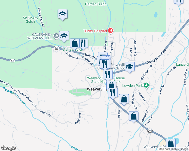 map of restaurants, bars, coffee shops, grocery stores, and more near 214 South Miner Street in Weaverville
