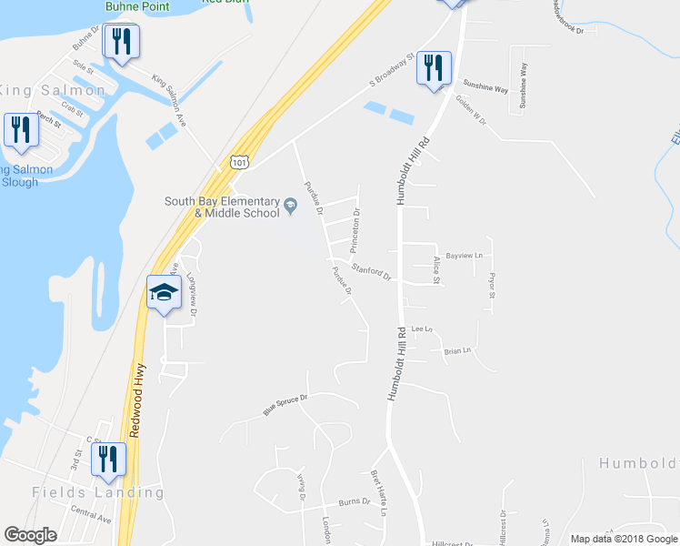 map of restaurants, bars, coffee shops, grocery stores, and more near 6277 Purdue Drive in Eureka