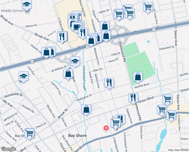 map of restaurants, bars, coffee shops, grocery stores, and more near 41 Belford Avenue in Bay Shore