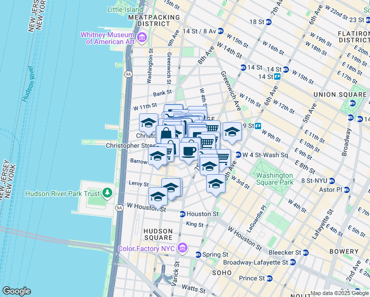 map of restaurants, bars, coffee shops, grocery stores, and more near 25 Grove Street in New York