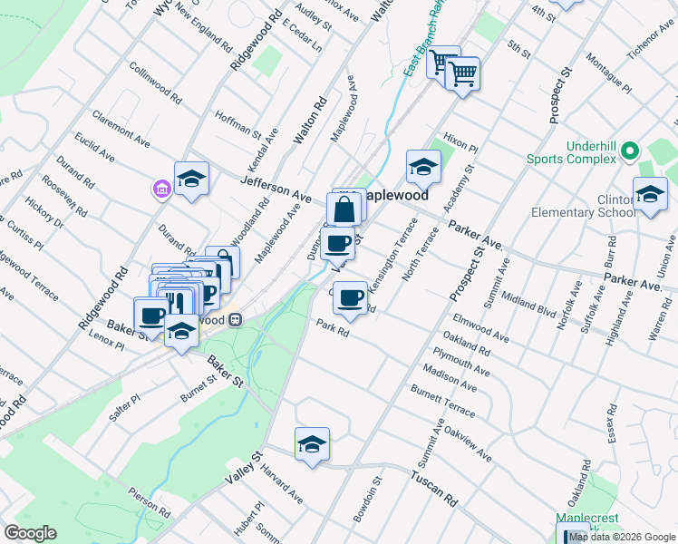 map of restaurants, bars, coffee shops, grocery stores, and more near 535-543 Valley Street in Maplewood